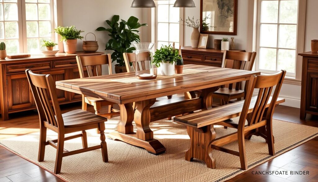 rustic wood dining room set with bench