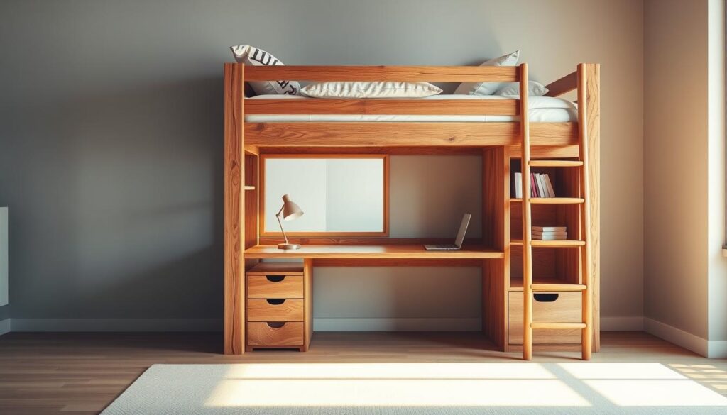 bunk bed with a desk underneath