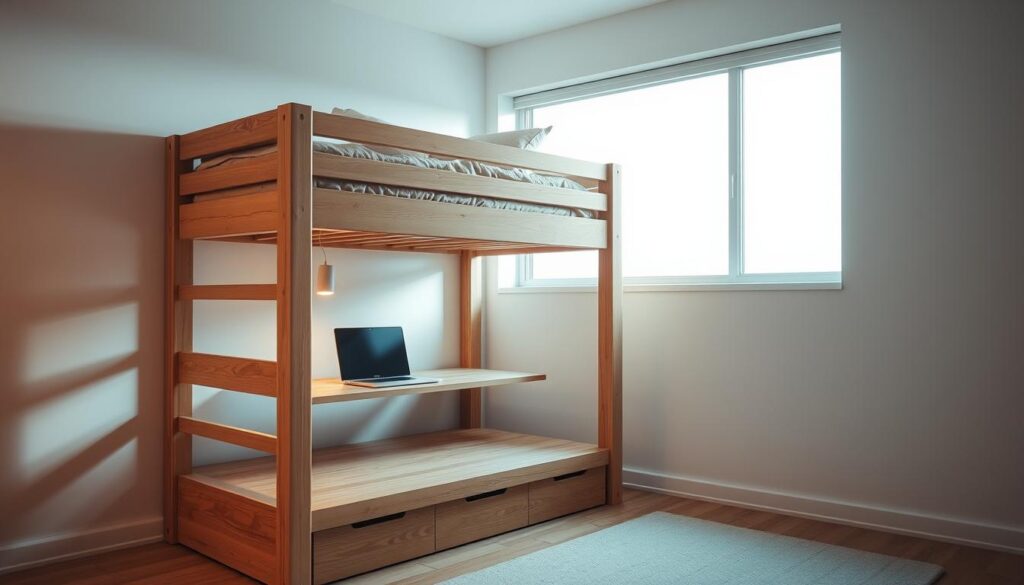 bunk bed with a desk underneath