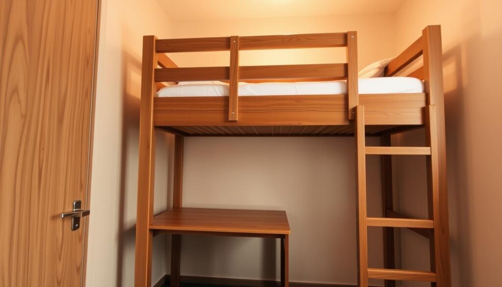 bunk bed with desk below