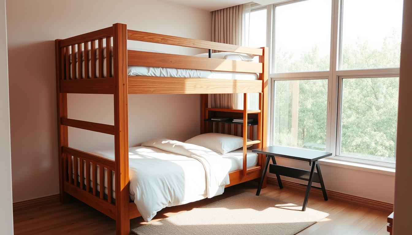 bunk bed with desk below